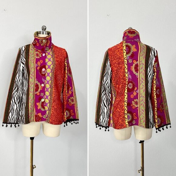 Azuleros NWT French Boho Jacquard Knit Jacket M Mix Print Flora Zebra Statement - Picture 1 of 16